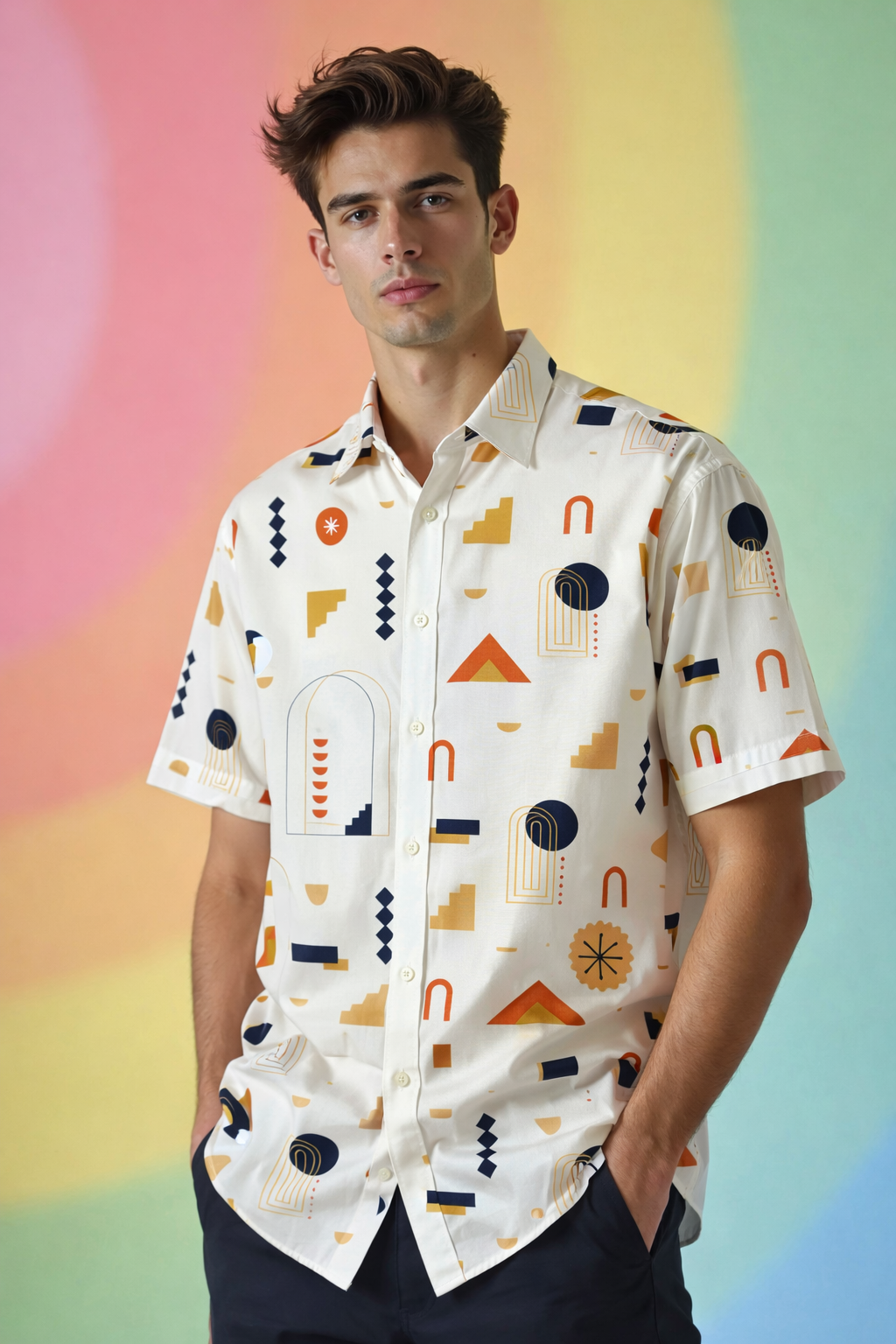 Colorful portrait with geometric Trend Focused Patterned Oversized Shirt