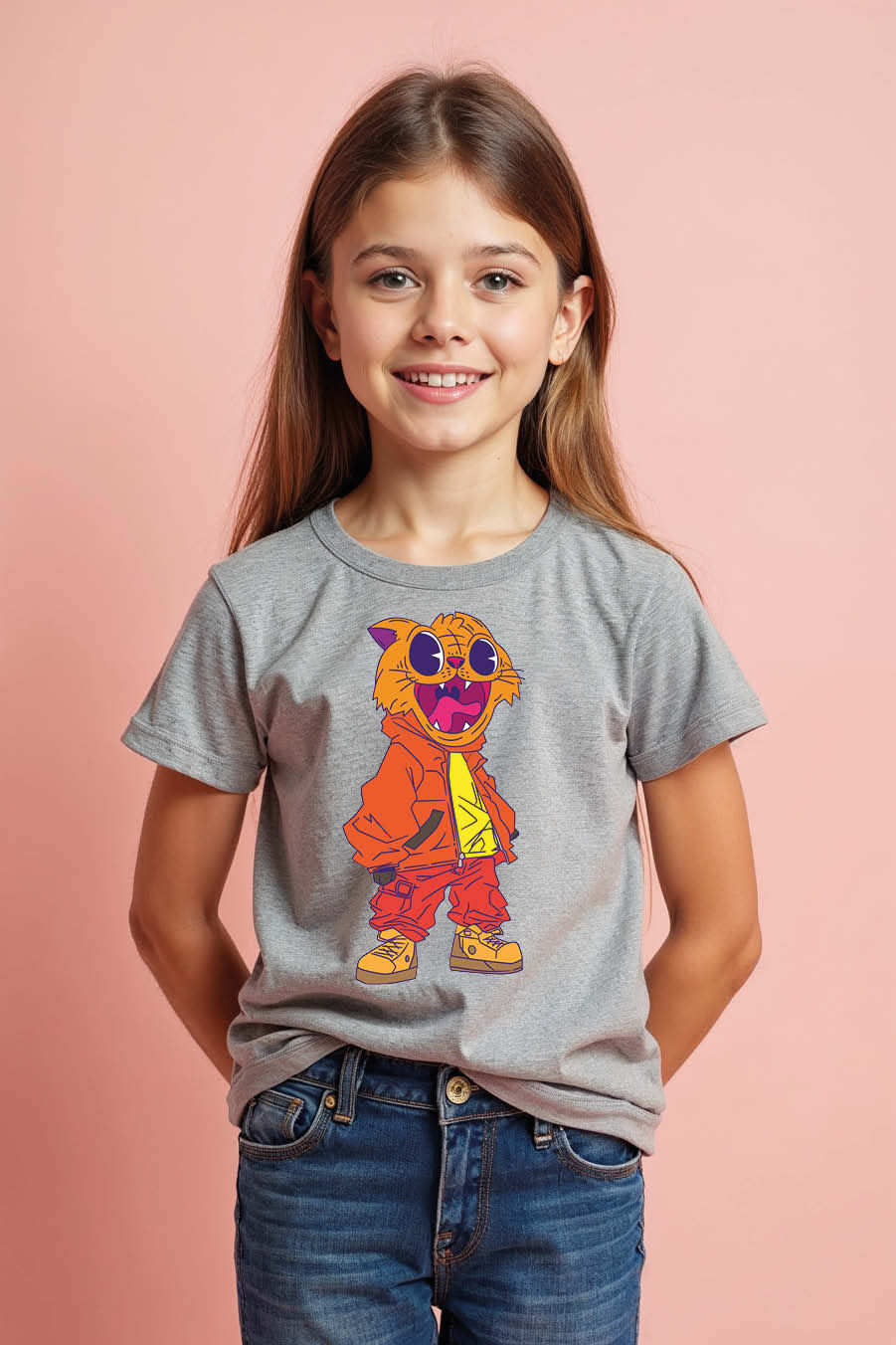 Streetwear Cat in Orange Hoodie Kid's T-Shirt Cool Trendy Printed Tee for Kids