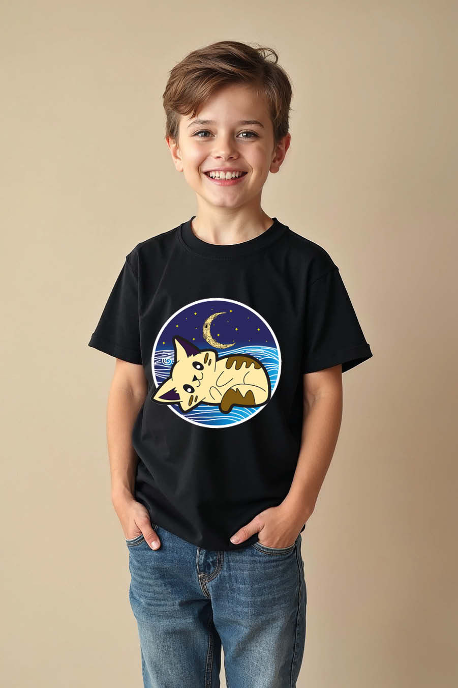 Thumbnail: Sleepy Cat Under the Moon Kid's Graphic T-Shirt Cute Kids Graphic Tee – Graphic