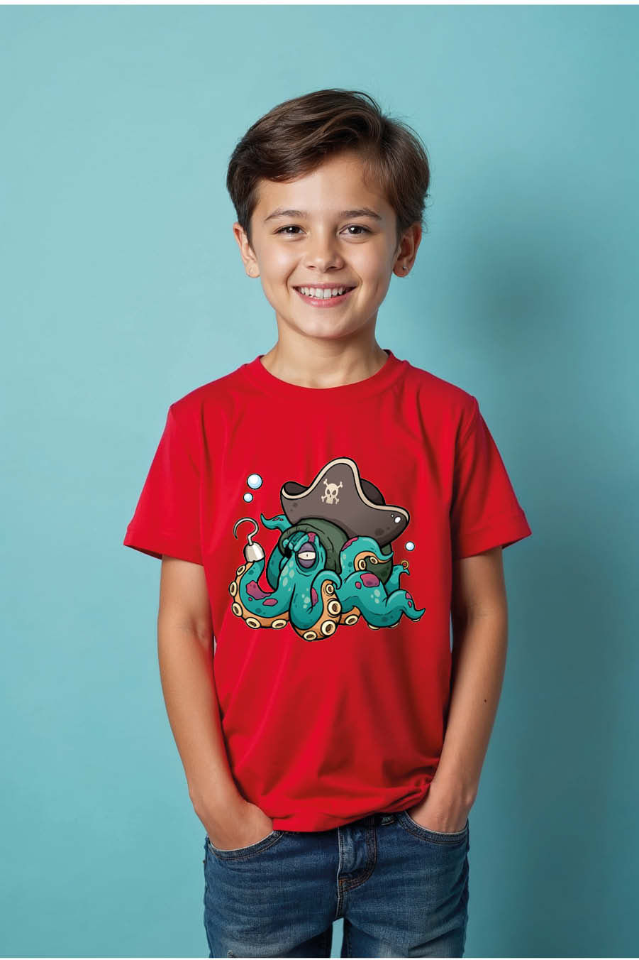 Thumbnail: Cartoon Pirate Octopus Graphic T-Shirt Colorful Printed T-Shirt