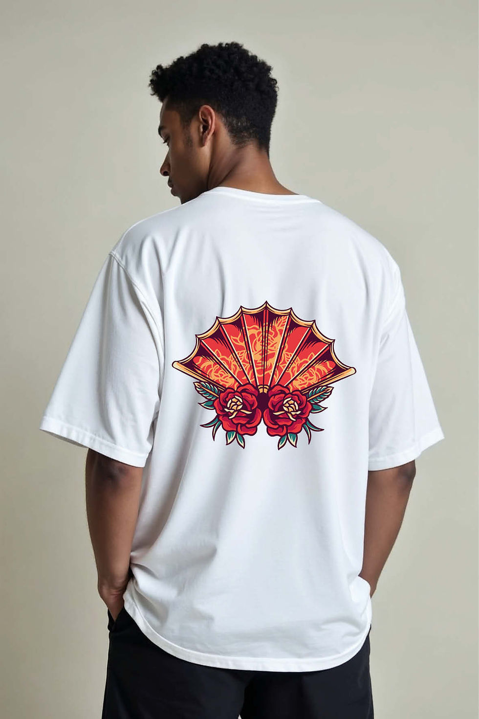 Japanese Fan with Roses Urban Unisex Oversized Drop Shoulder T-Shirt