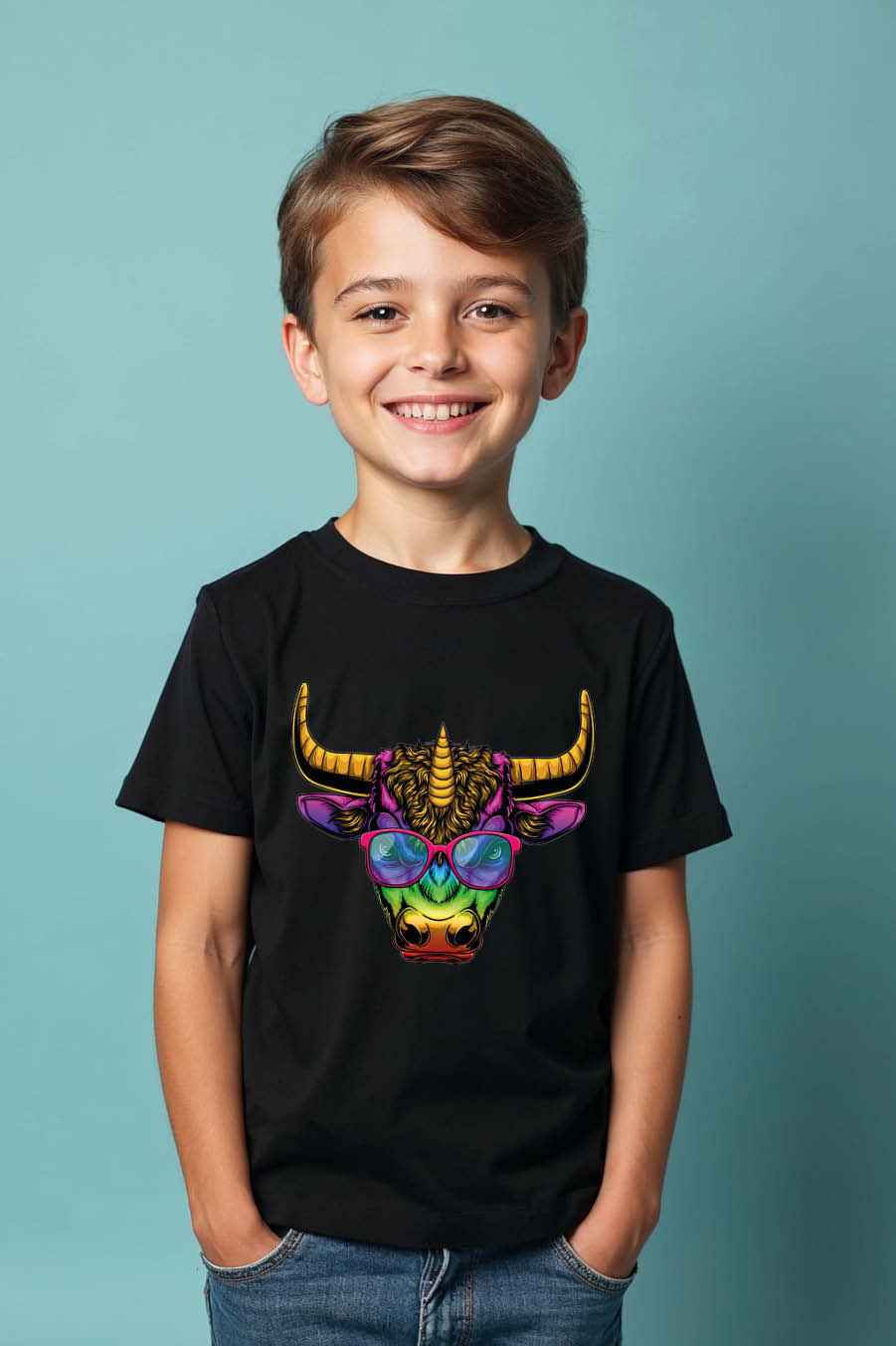 Thumbnail: Neon Rainbow Bull with Horns and Pink Sunglasses T-Shirt buy now