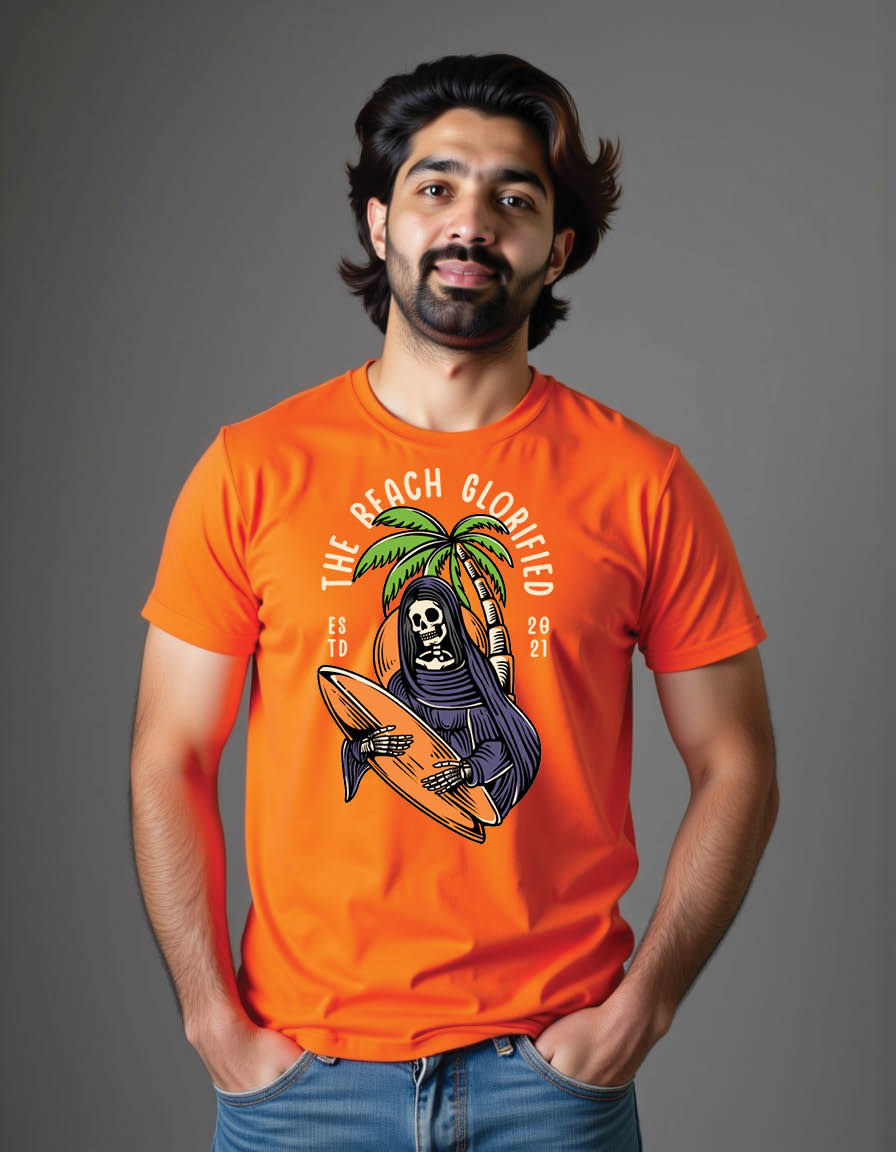 Thumbnail: glorious skeleton holding surfing board mens printed graphic t shirts