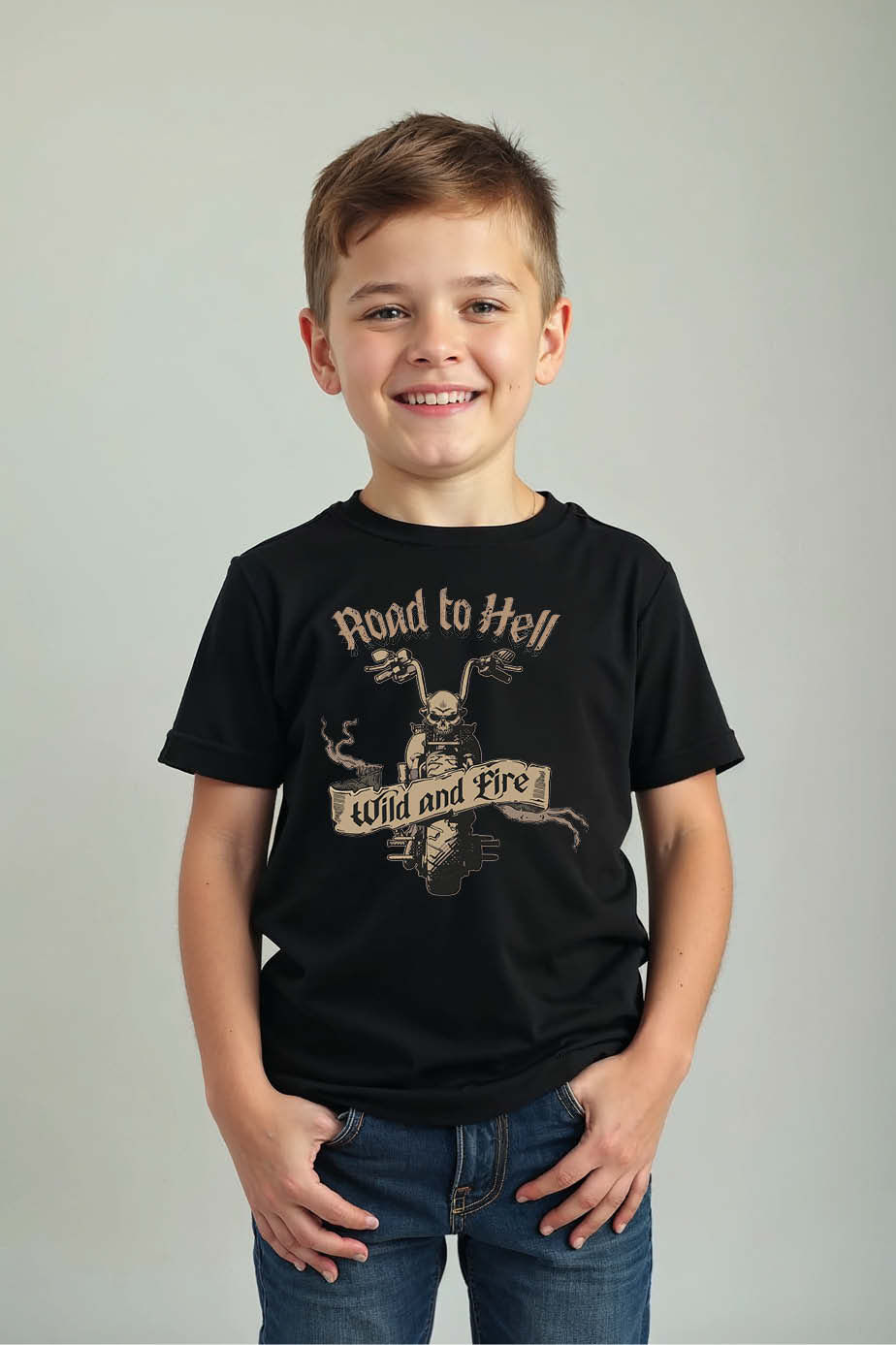 Road to Hell Biker Graphic T-Shirt – Wild and Fire Motorcycle Tee for Kids