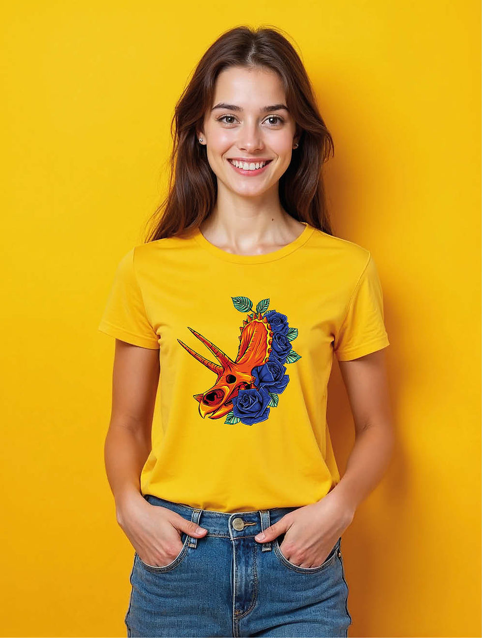 Thumbnail: Triceratops Skull and Blue Roses Classic Women’s Printed Graphic Streetwear Tees