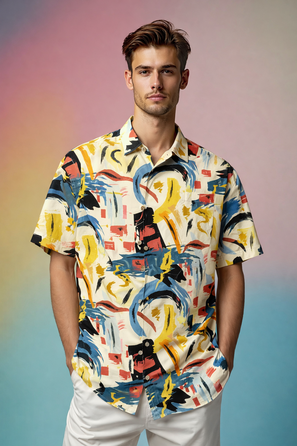 Bold fashion against a soft gradient New Age Patterned AOP Oversized Shirt