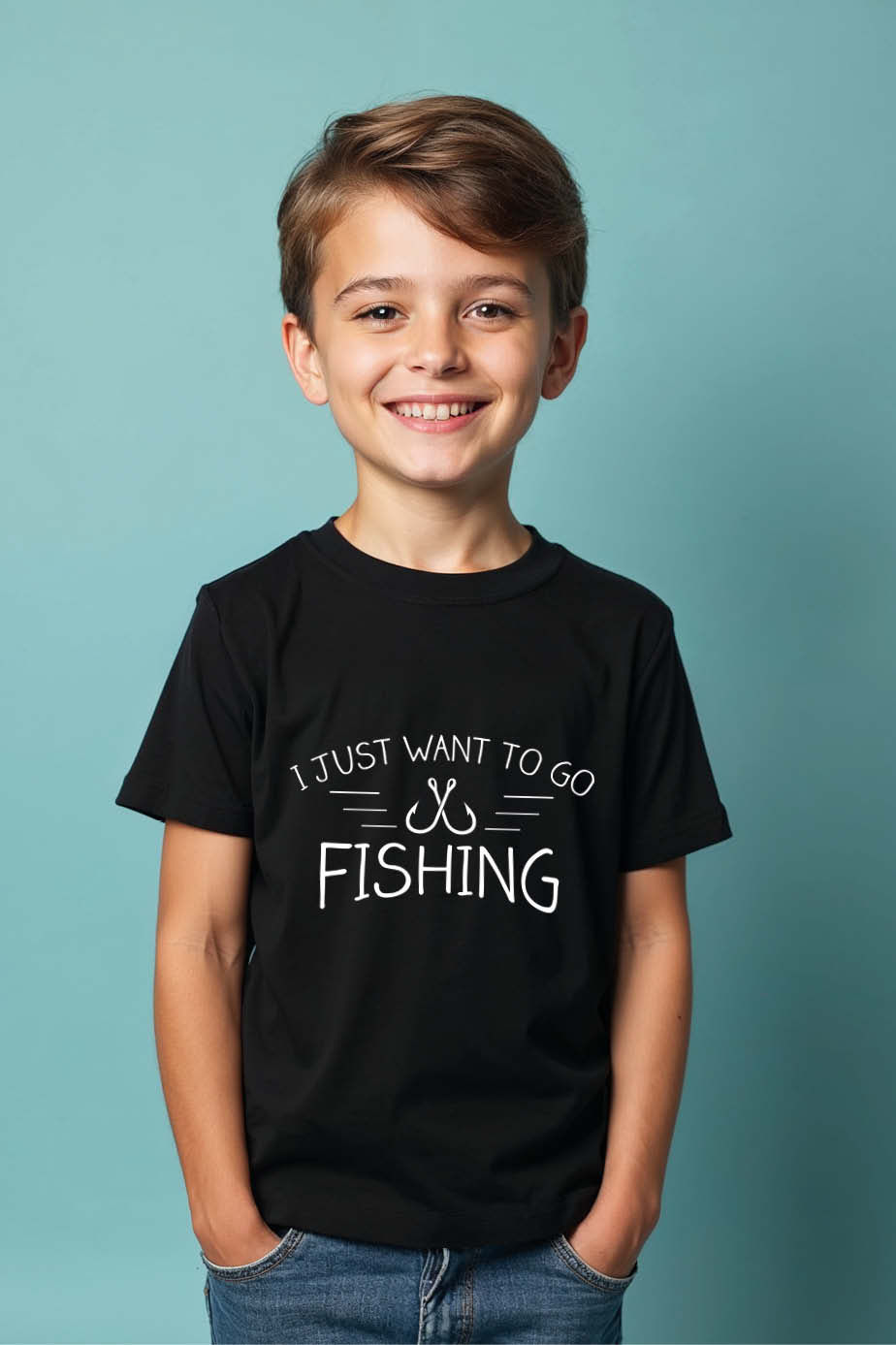 i just want to go fishing Premium Cute Kids Typography T-Shirt – Artwork Print