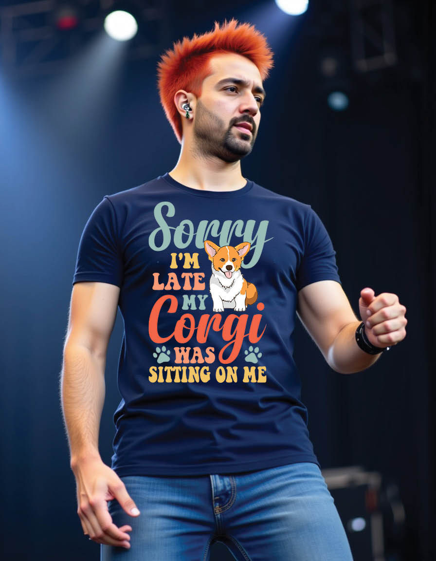 Thumbnail: sorry i m late my corgi was sitting me retro corgi mens printed graphic t shirt