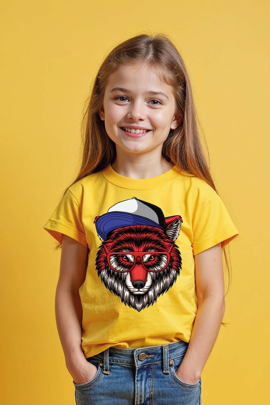 Thumbnail: Red Wolf with Trucker Hat and Glasses Graphic T-Shirt Cotton Casual Kids Printed