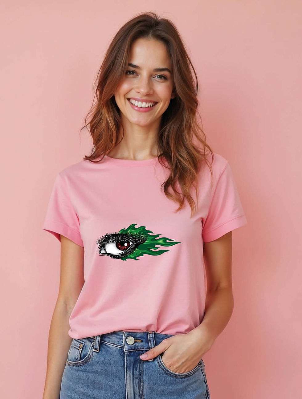 Thumbnail: Fiery Eye Graphic with Green Flames on Tee Urban Women’s Typography T-Shirt