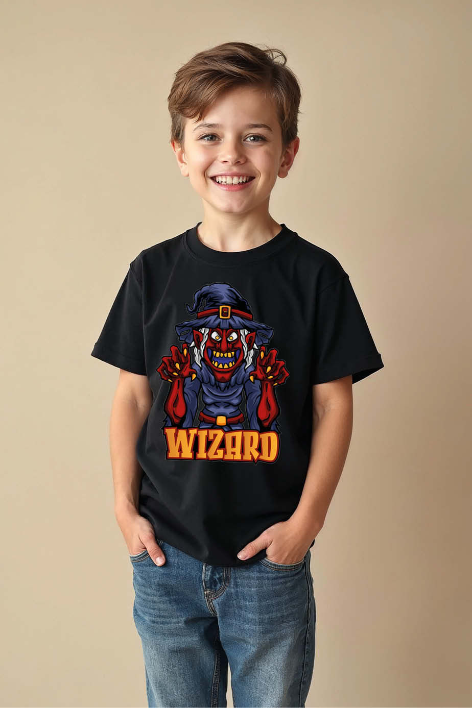 Evil Wizard Cartoon Printed Kids T-Shirt – Scary Magic Graphic Tee
