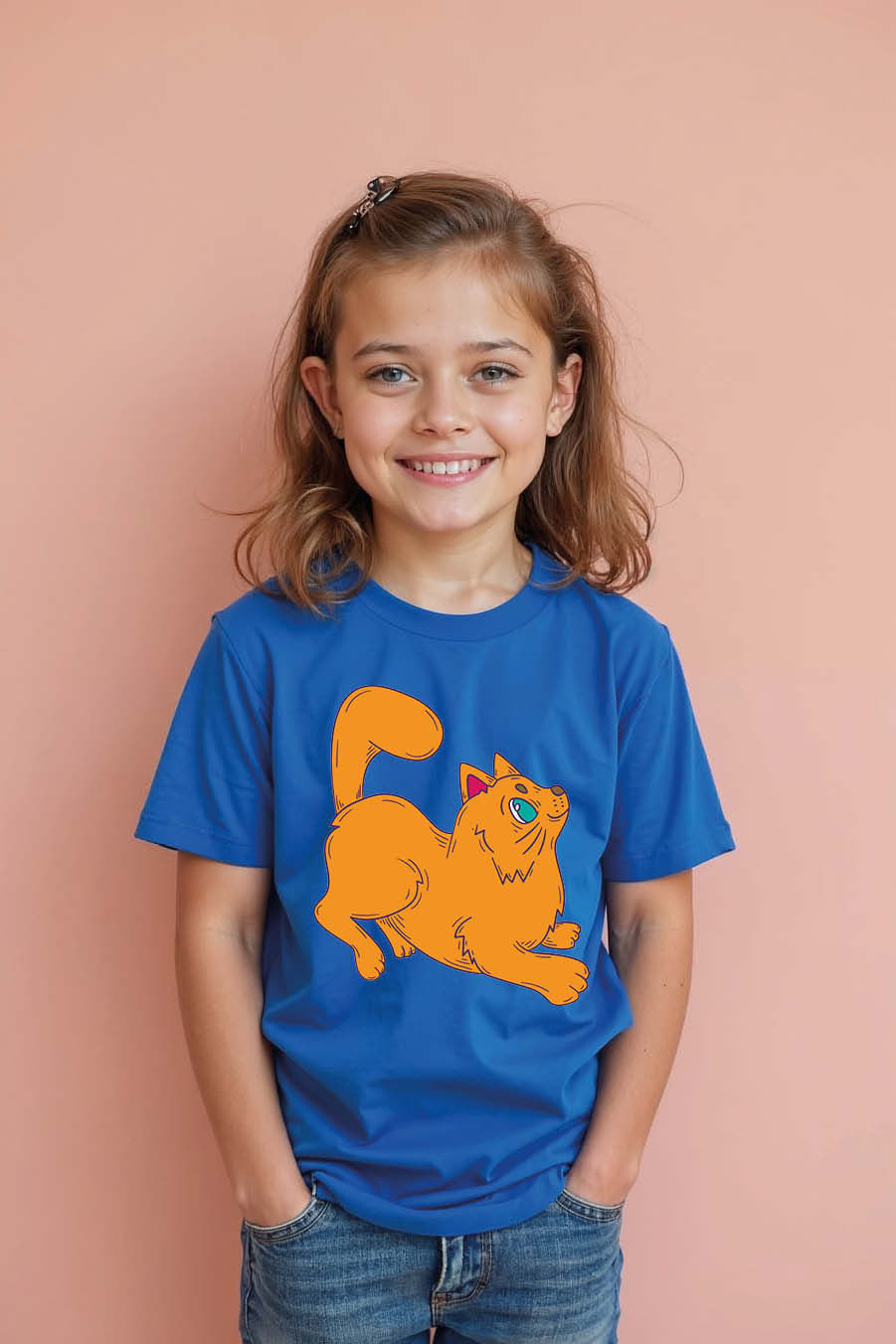 Thumbnail: Kids T-Shirt with Orange Fluffy Cat Graphic Everyday Kids Printed T-Shirt