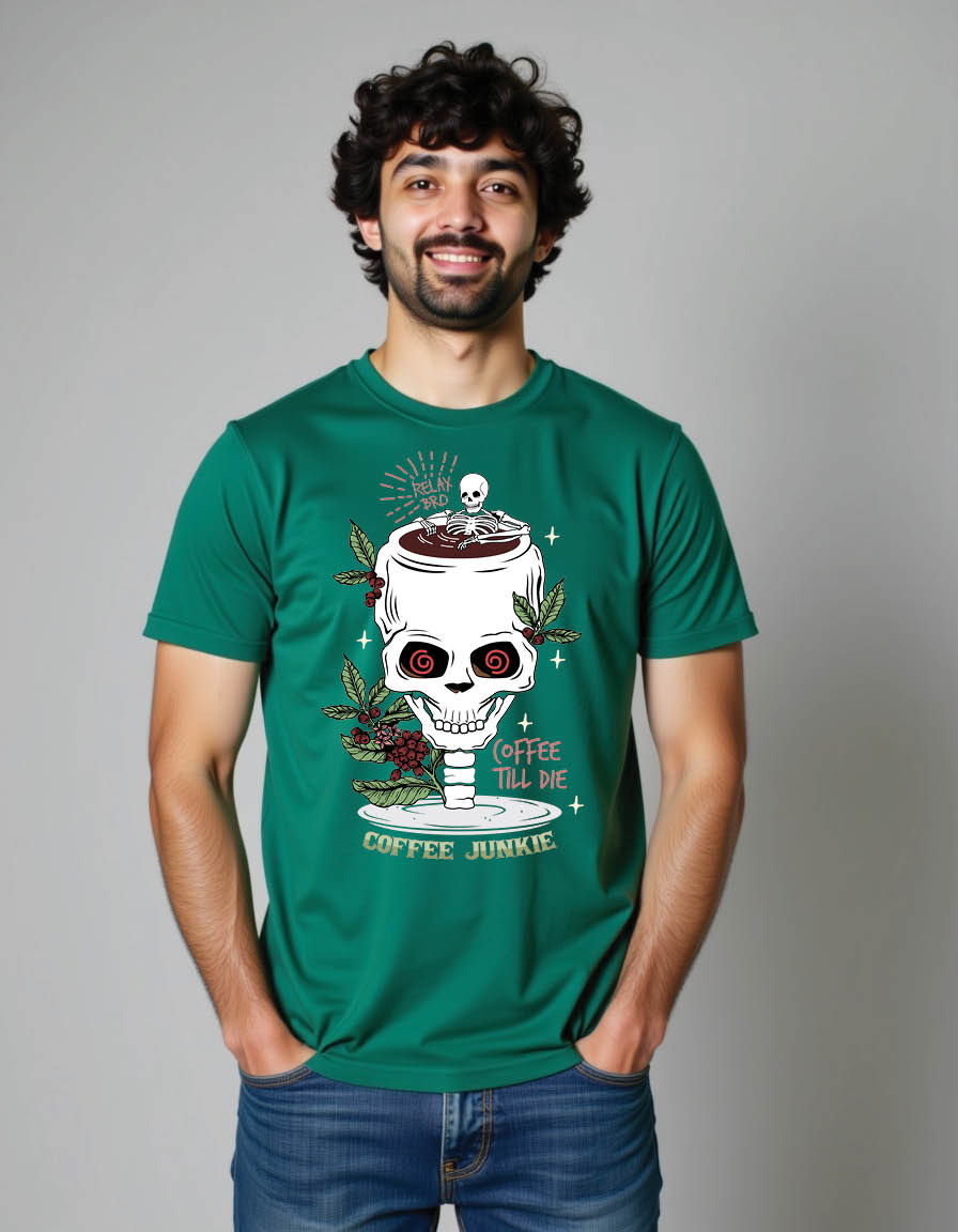 Thumbnail: skull looks like its bathing skeleton head as coffee mens printed graphic tshirt