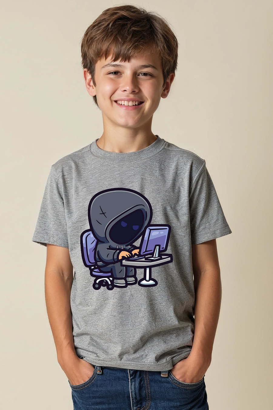 Thumbnail: Cute Hooded Hacker Coding Cool Casual Kids Printed T-Shirt – Illustration Print