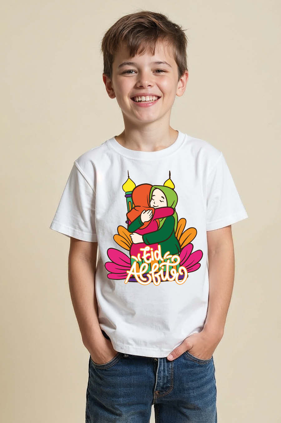 Eid Al-Fitr Hug Playful Cartoon Printed T-Shirt for Boys & Girls