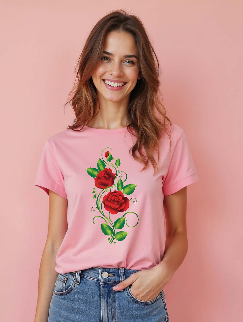 Thumbnail: Red Roses and Greenery Print Casual Women’s Printed T-Shirt – Buy Now