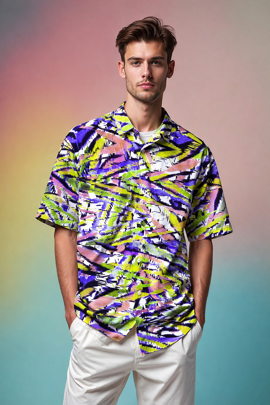 Bold patterns in a studio portrait Stylish Youth Patterned AOP Oversized Shirt