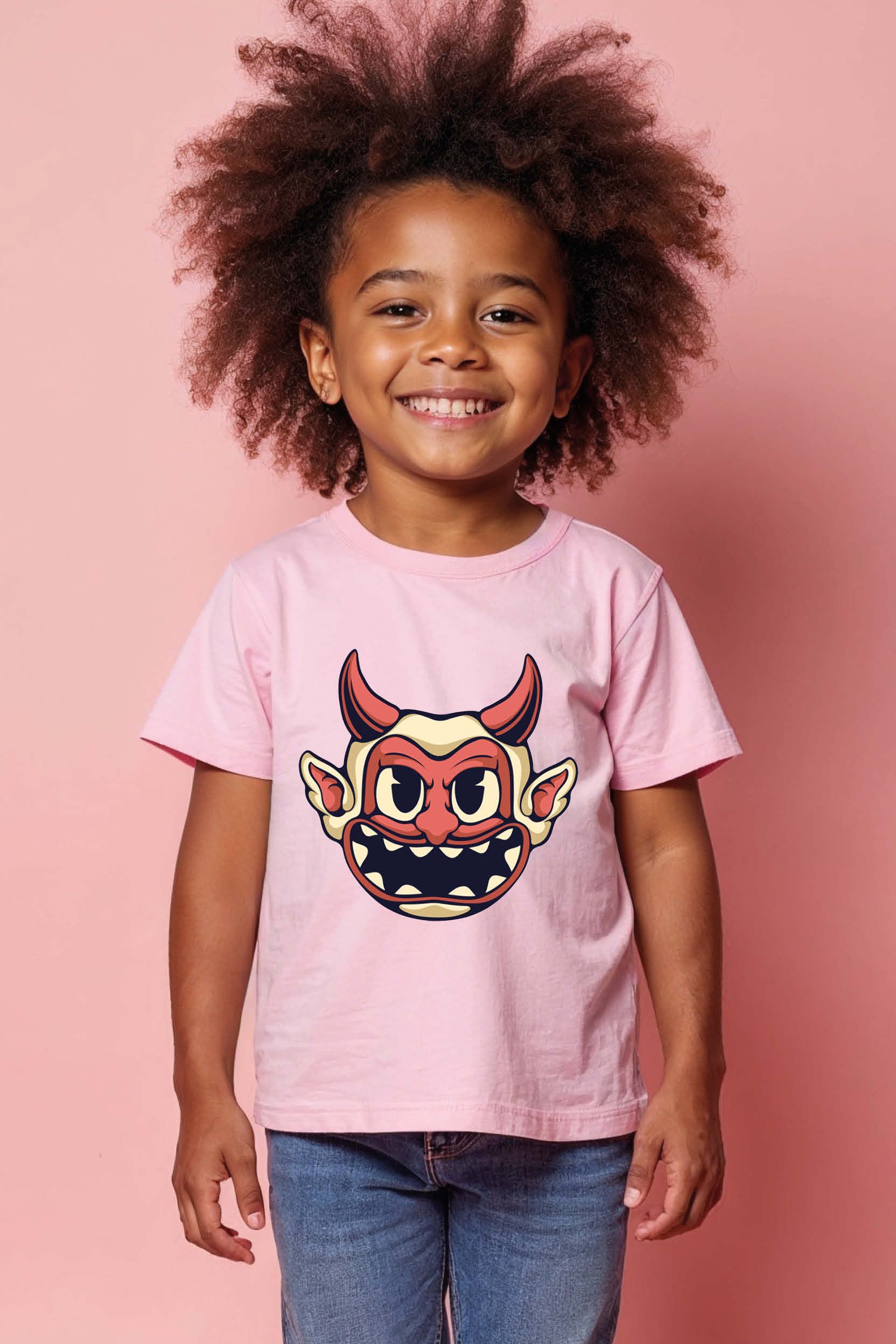 Retro Cartoon Devil Head T-Shirt Comfortable Unisex Kids Graphic Tee – Funny