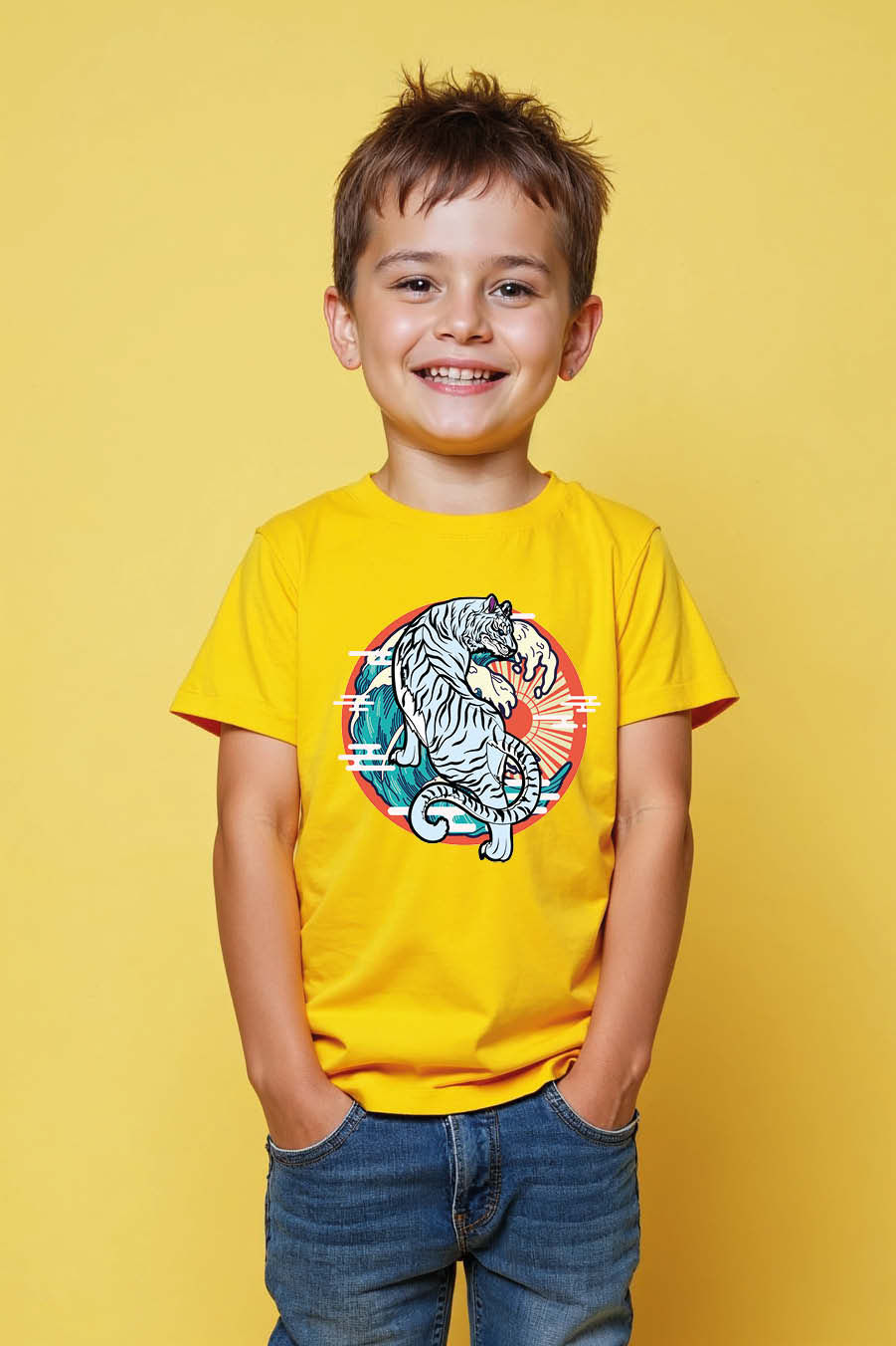 White Tiger and Sunset Waves Everyday Unisex Kids Graphic Tee – Drawing Print