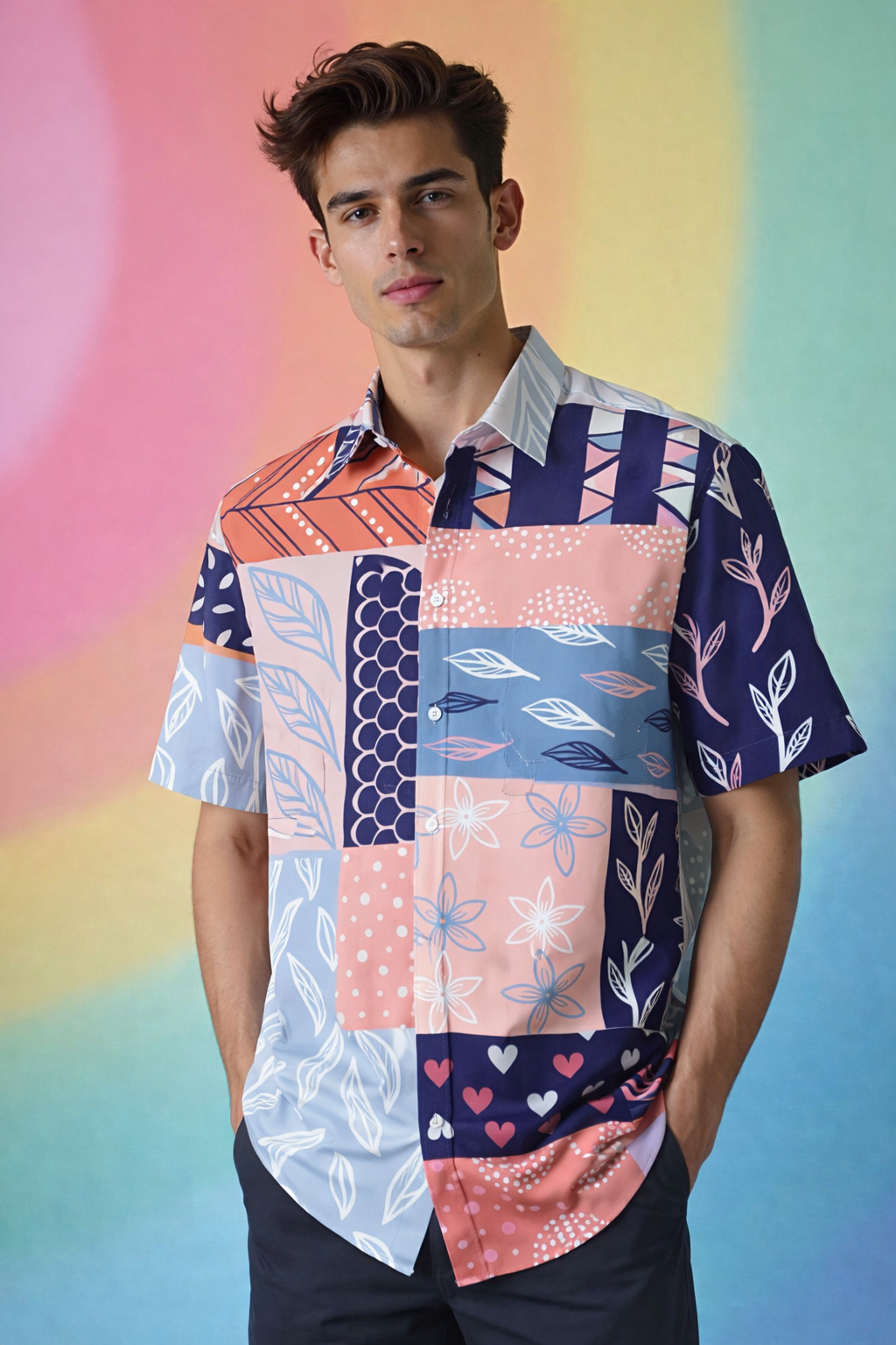 calm and confident in patchwork style Premium Patterned Oversized Shirt