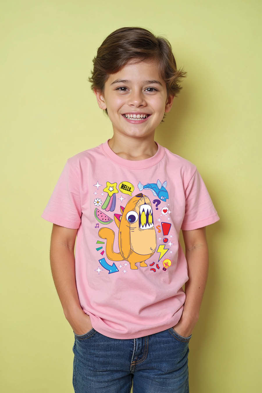 Thumbnail: Cartoon Orange Monster and Colorful Doodle Graphic t shirt Premium Quality