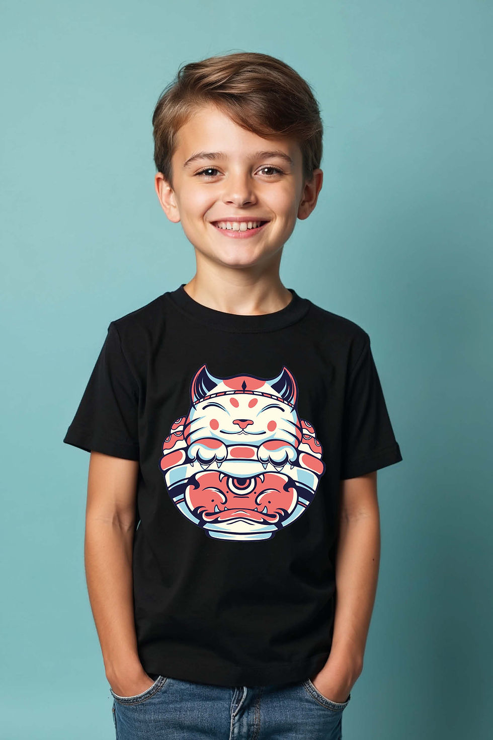 Thumbnail: Smiling Japanese Lucky Cat Maneki NekoKid's T-Shirt Comfortable Cool  Kid