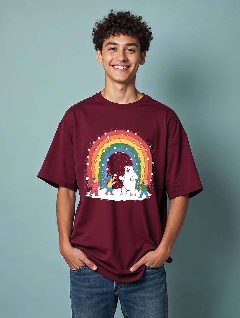 Rainbow Snow Play Casual Unisex Drop Shoulder Oversized T-Shirt for Men & Women