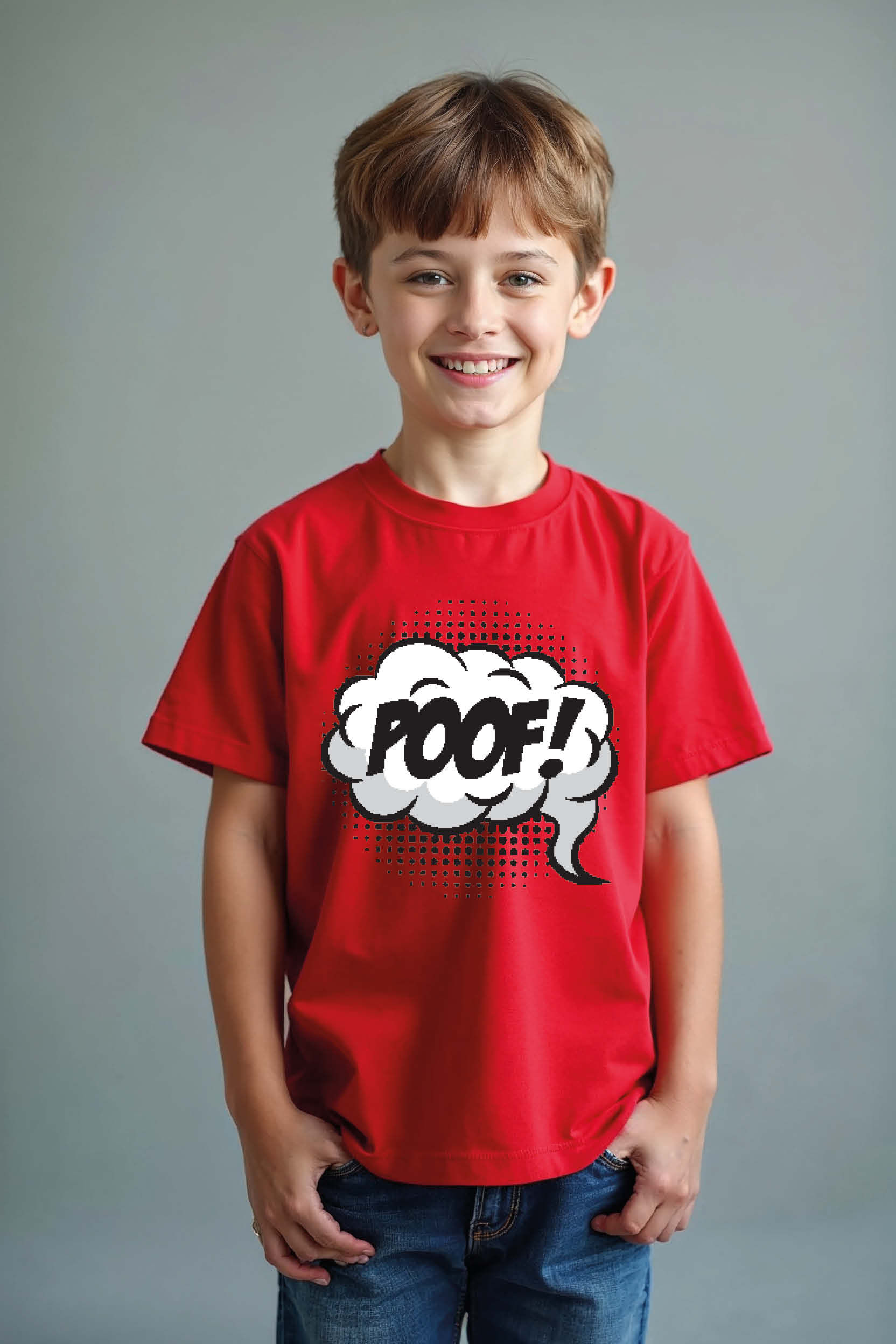 Poof Cloud Comic Style Kids Red T-Shirt Modern Kids Printed T-Shirt
