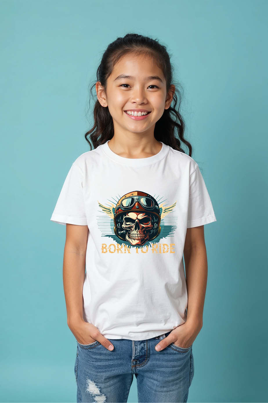 Kids' T-Shirt with Biker Skull, Wings, and "BORN TO RIDE" Graphic Everyday