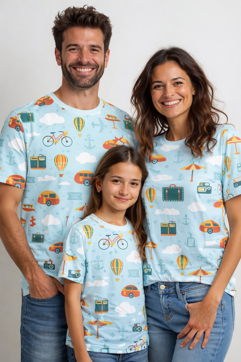 family matching printed travel-themed tshirts pack of 3