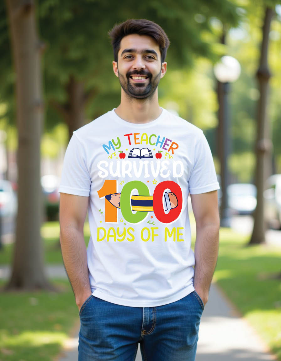 Thumbnail: my teacher survived 100 days me 100th day school mens printed graphic t shirt