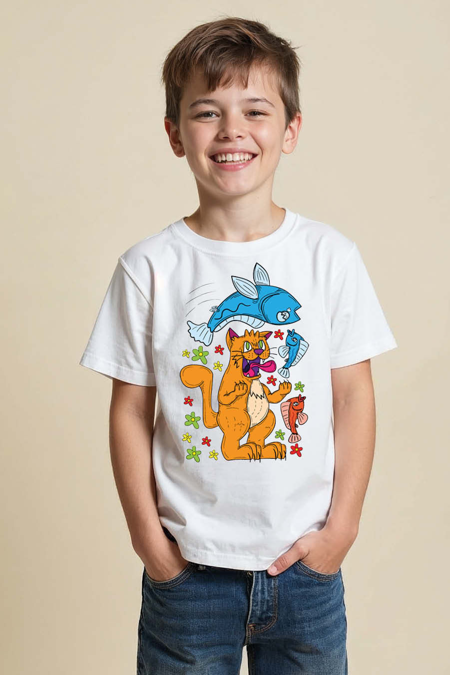 Thumbnail: Jumping Fish and Cat Cartoon Graphic Soft Trendy Printed Tee for Kids