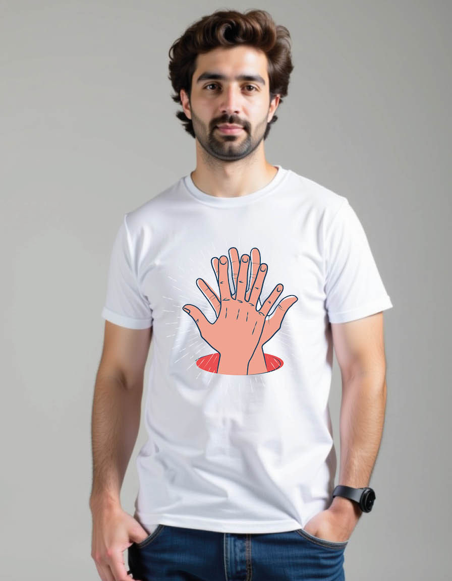 Thumbnail: high five with two hand palms clapping sunburst around mensprintedgraphic tshirt