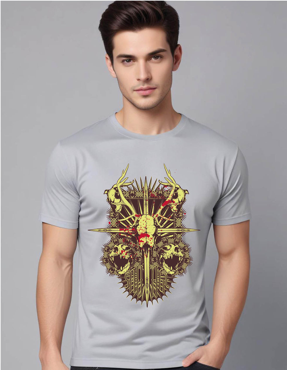 Thumbnail: cross stabbed horned animal skull mens printed graphic t shirt