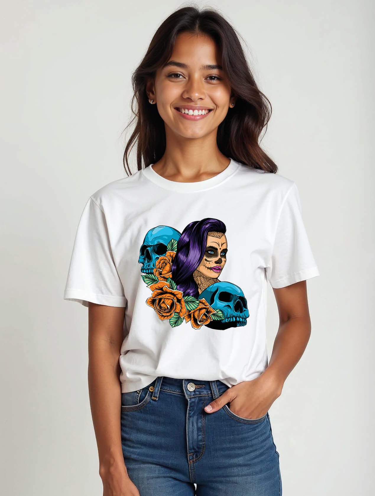 Three Skulls and the Catrina Trendy Women’s Typography T-Shirt – Best Price