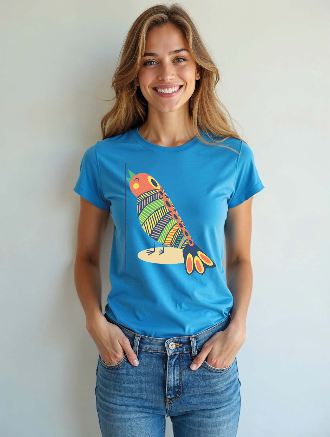 Whimsical Folk Art Bird Urban Women’s Printed Graphic Streetwear T-Shirt