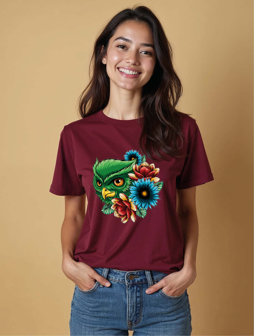 Green Owl Head with Colorful Flowers Modern Women’s Printed Graphic T-Shirt