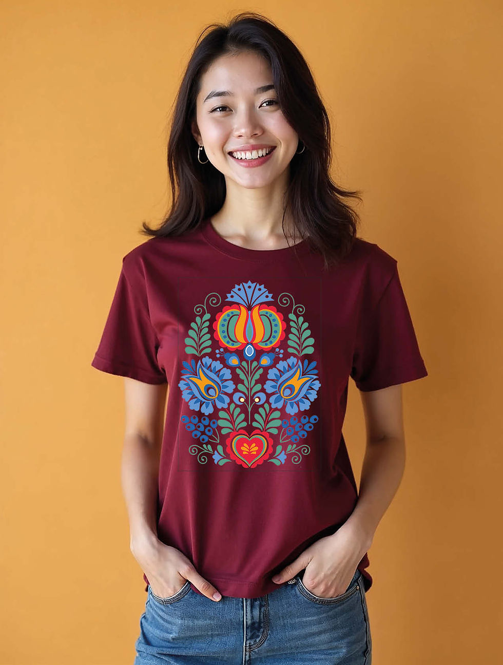 Thumbnail: Hungarian Folk Art Heart and Floral Trendy Women’s Streetwear T-Shirt – Shop Now