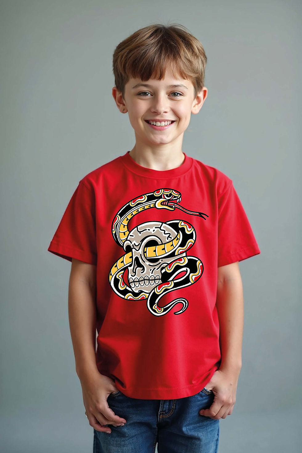 Thumbnail: Skull and Snake Graphic Kids T-Shirt – Cool Gothic Reptile Illustration Tee