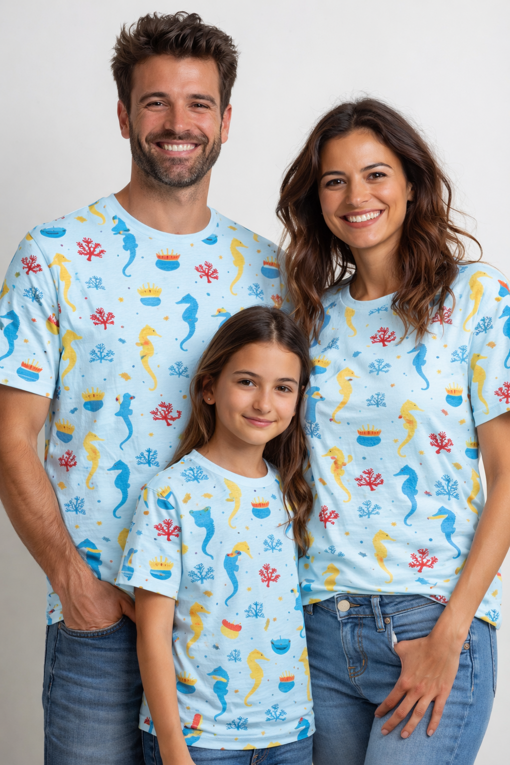 a seahorse and sea life pattern family matching printed tees pack of 3