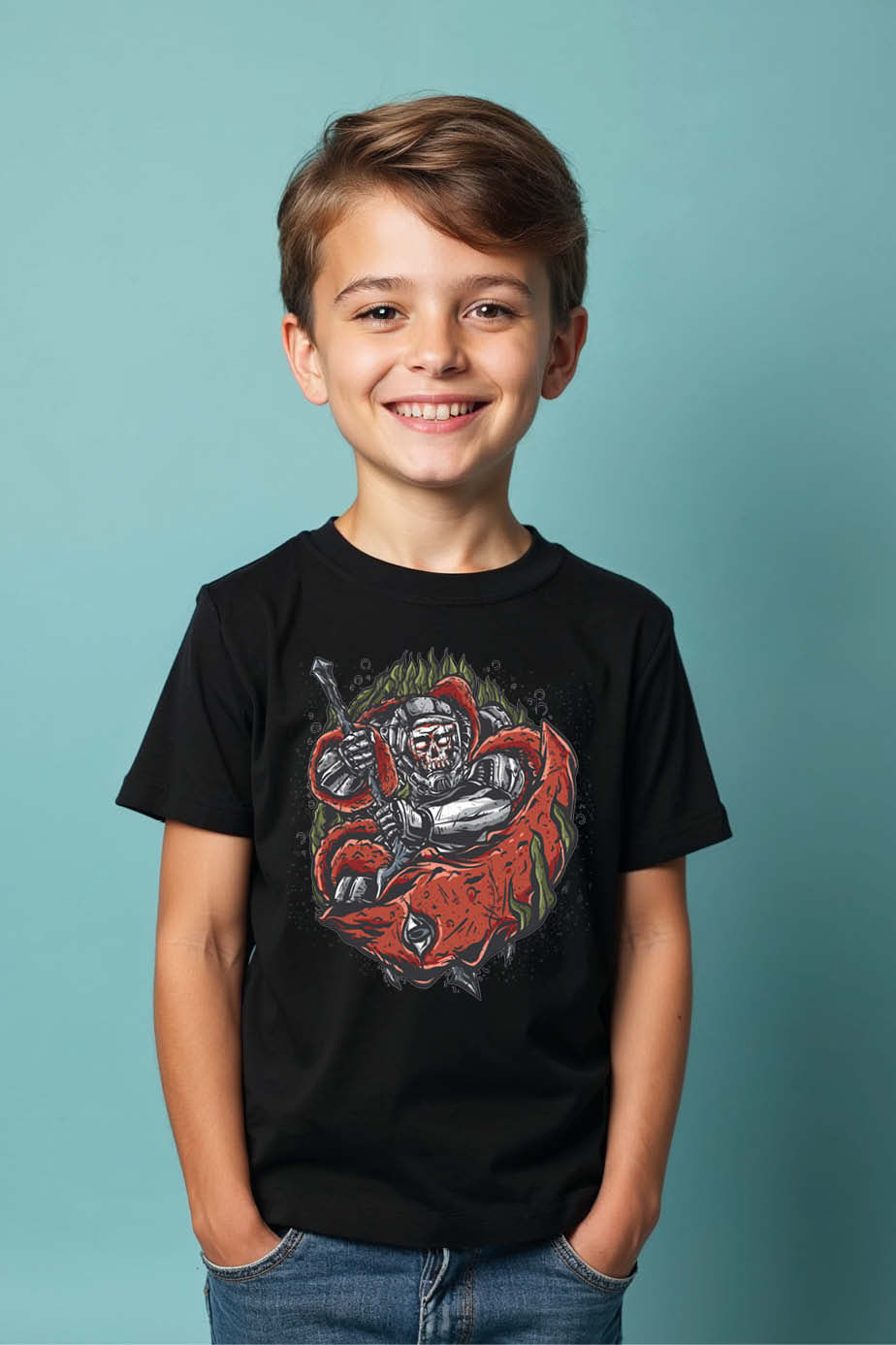Thumbnail: Fierce Warrior with Sword Graphic T-Shirt for Kids – Bold Unisex Tee for Boys &