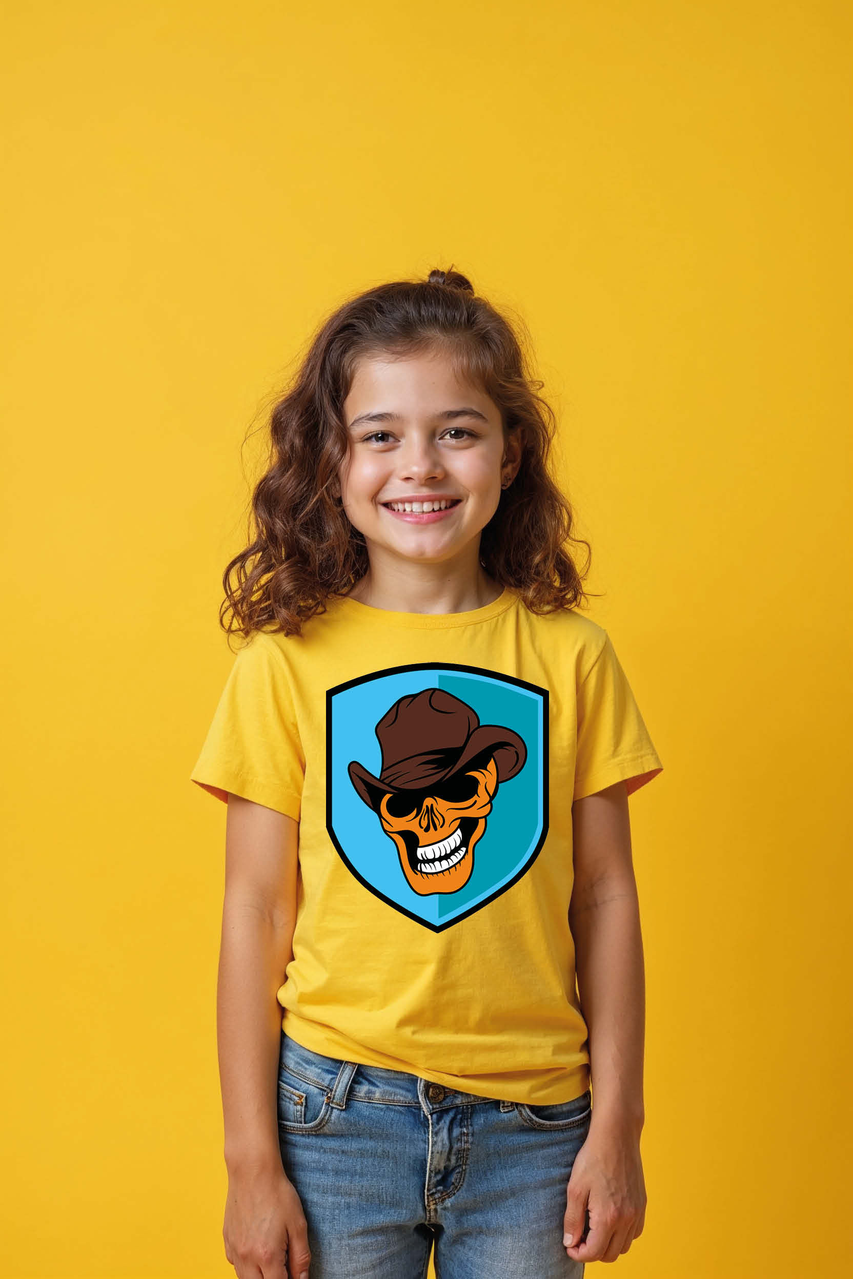 Laughing Cowboy Skull Shield Cool Kids Graphic Tee – Drawing Print Design