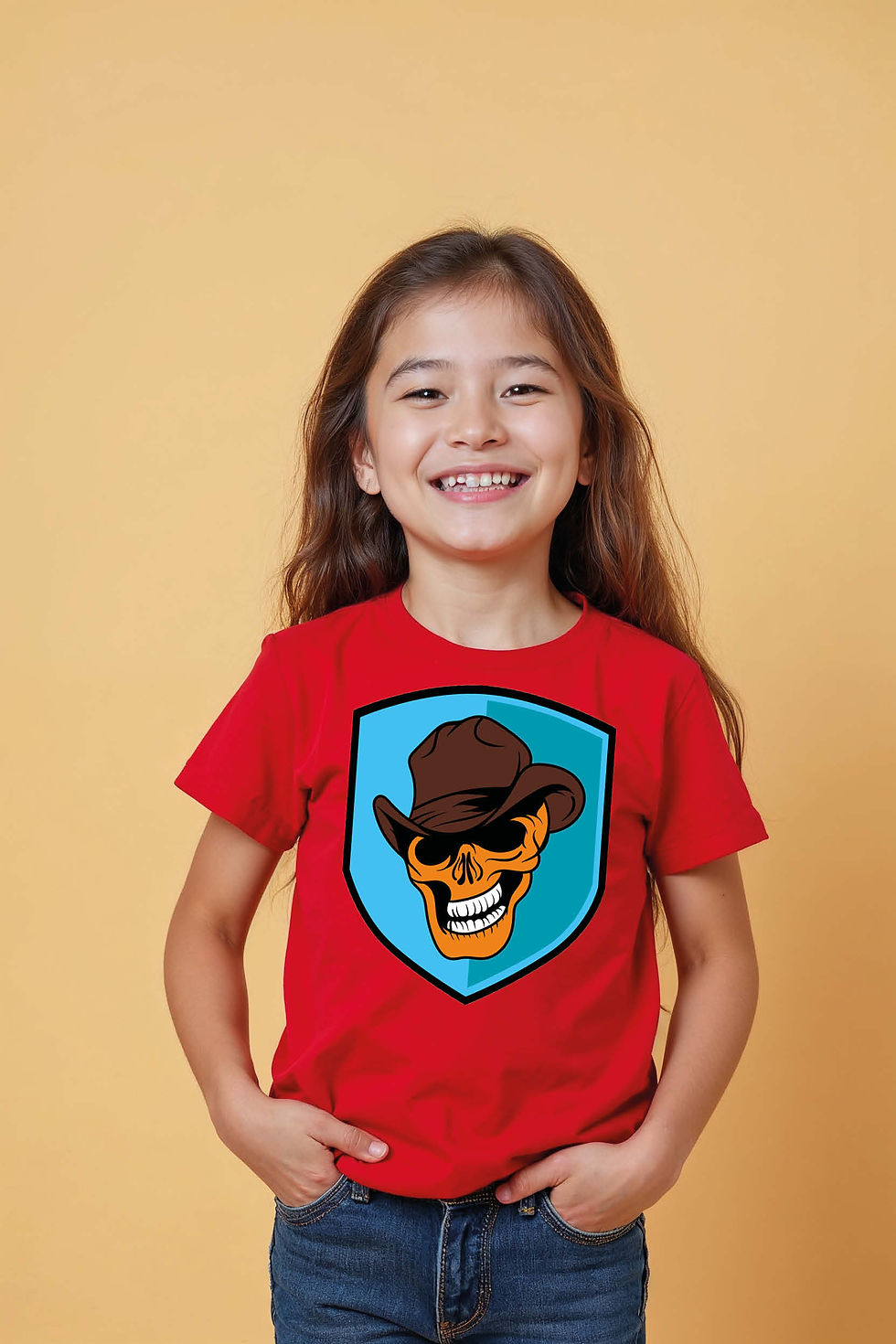 Thumbnail: Laughing Cowboy Skull Shield Cool Kids Graphic Tee – Drawing Print Design