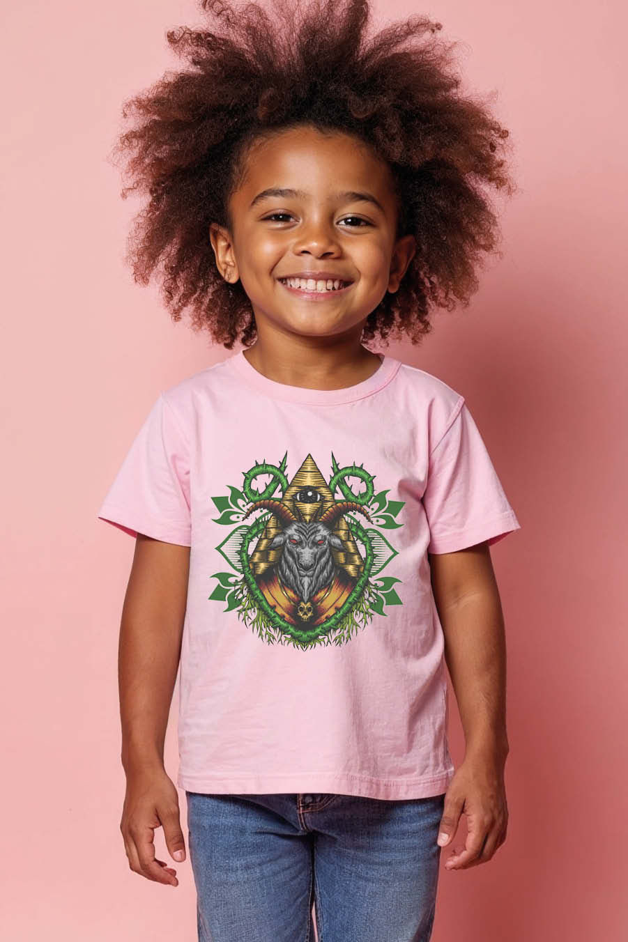 Thumbnail: Mystic Goat Kids T-Shirt – Tribal Horned Beast with Nature Elements Cool White