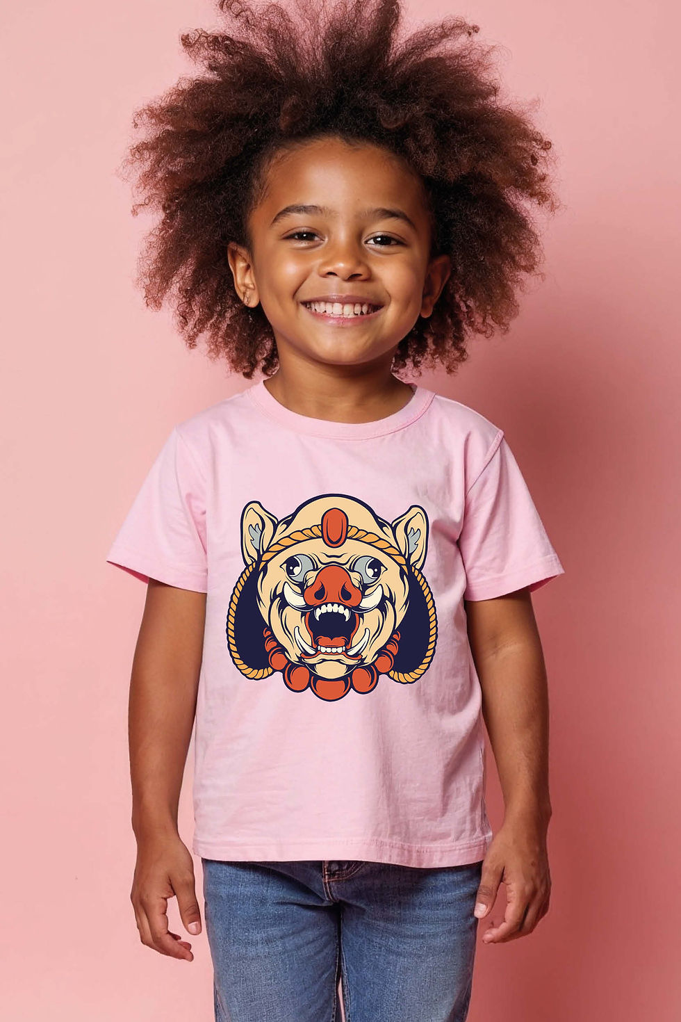 Thumbnail: Ferocious Wild Boar Mask Graphic Tee Casual Cool Cartoon Kids T-Shirt – Print