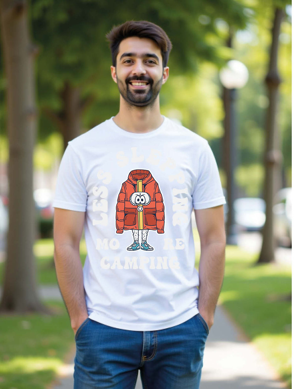 Thumbnail: Less slepping no more camping Unisex Printed T-Shirt for All