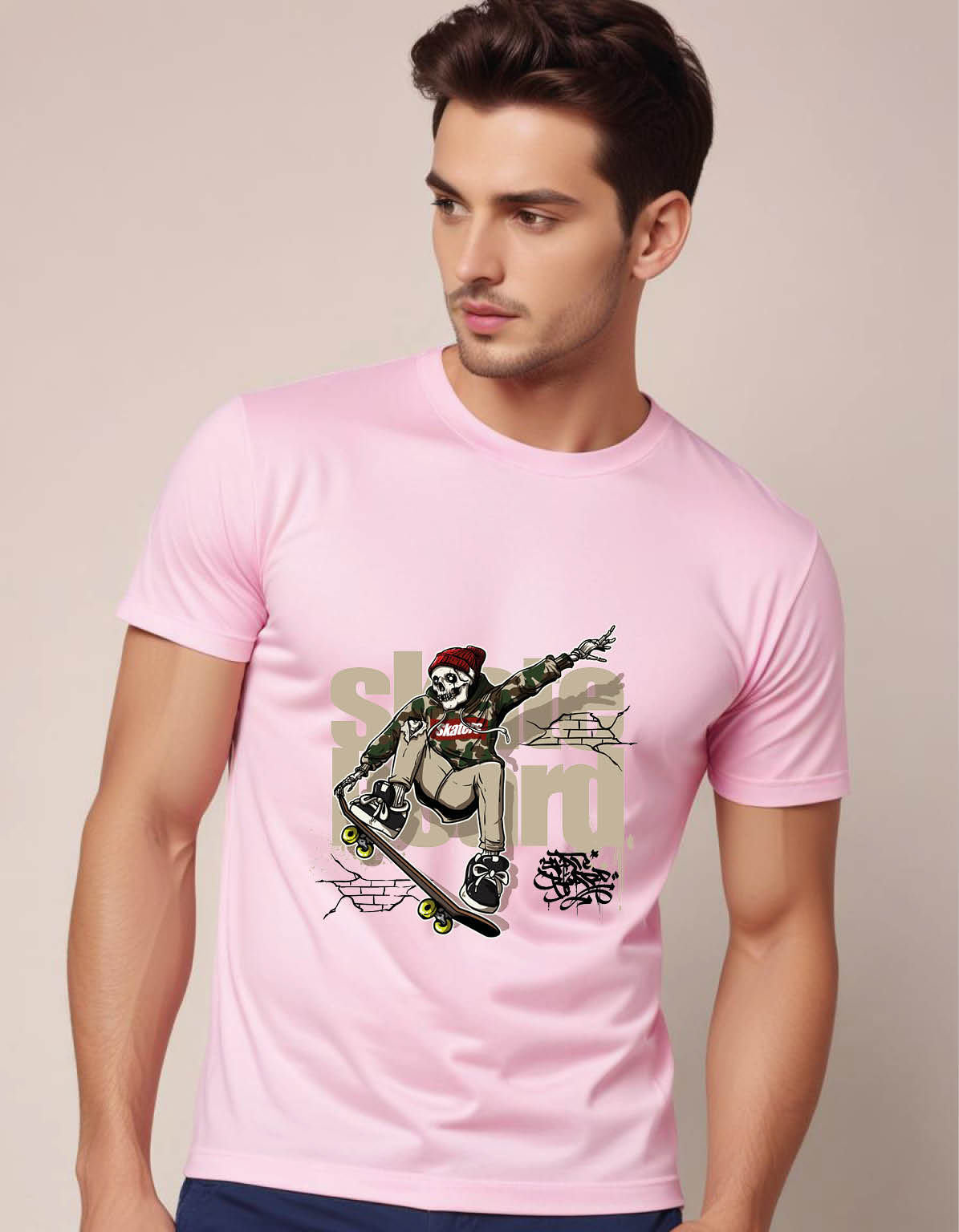 hand drawn style skull riding skateboard mens printed graphic t shirt