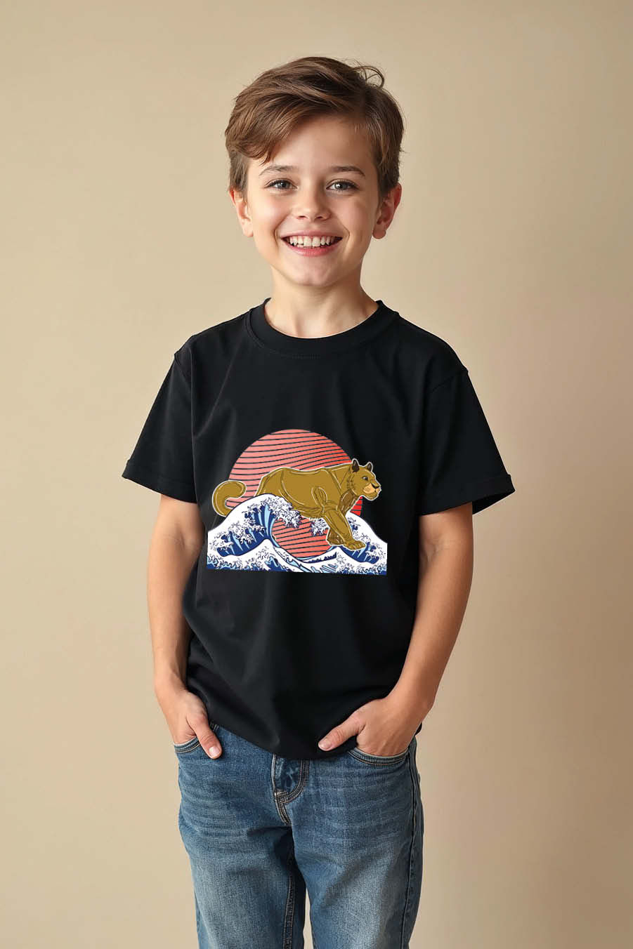 Thumbnail: Kids T-Shirt with Cougar Big Cat on Great Wave Japanese Art Graphic