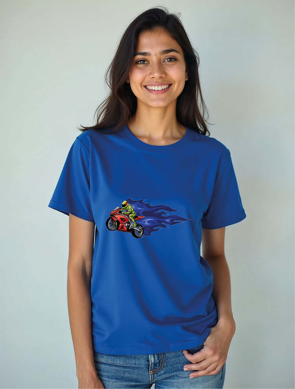 Thumbnail: Speeding Motorcycle with Blue Flames Modern Women’s Printed Graphic T-Shirt