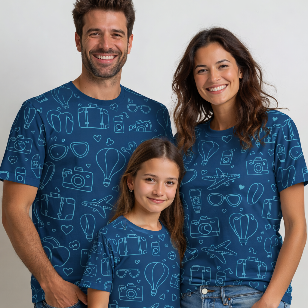 Travel-themed family matching printed T-shirts pack of 3